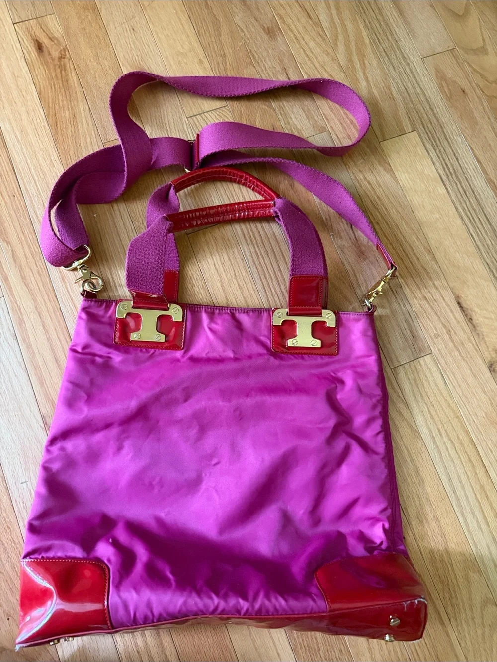 Tory Burch Fuchsia Nylon Tote with Red Patent Trim